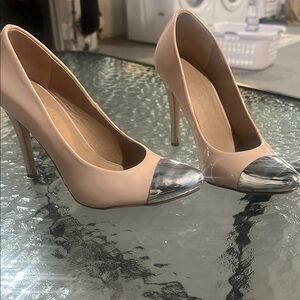 Cream and Silver High-Heeled Pumps